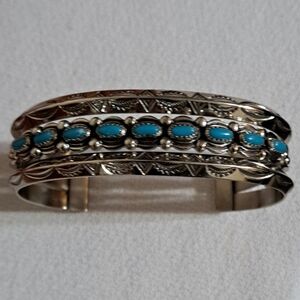 Vintage Bell Nickel Silver and Simulated Turquoise Cuff Bracelet
